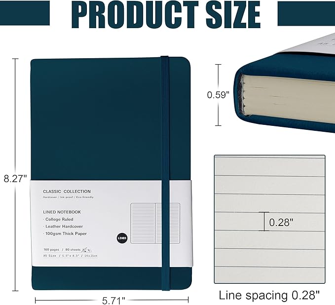 EMOMAS Lined Journal Notebook, 10Pack Hardcover Notebook for Men & Women – Journals for Writing, Work, School, Home & Daily Notes, 160 Pages – Medium A5, 5.7"x8", 100 gsm Thick Paper (Turquoise)