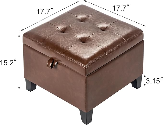 Asense 17 Inch Faux Leather Ottoman with Storage, Square Ottoman Footstool Upholstered Footrest for Couch Entryway Bedroom Living Room, Coffee