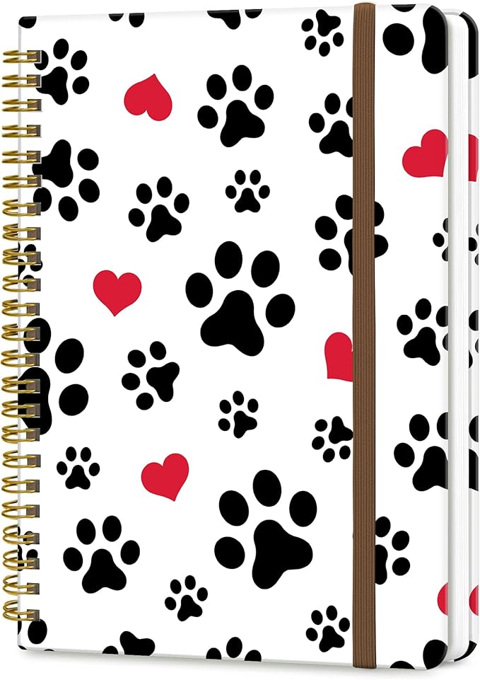 DHGPTS Spiral Journal Notebook, A5 Cute Notebooks for Women Men, College Ruled Hardcover Notebook for Work & Note Taking, 60 Pages Double-Wire Journals for Writing, White Cute Dog Paws