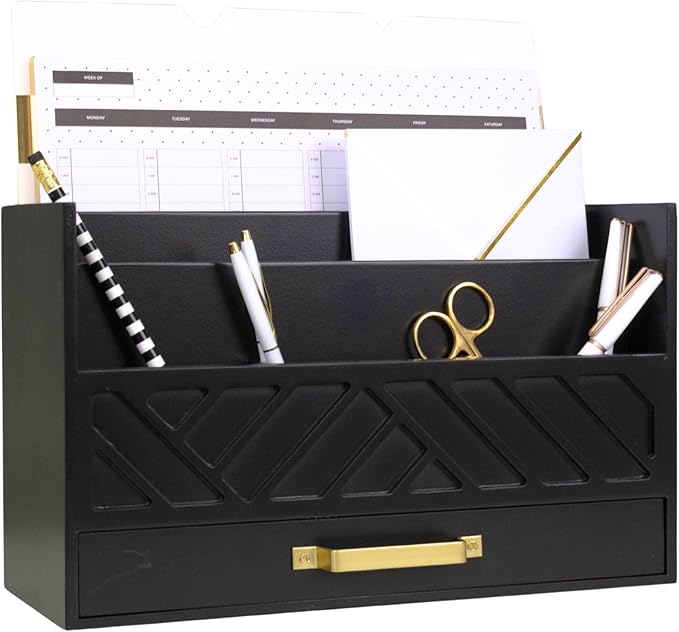 BLU MONACO | Wooden Mail Organizer with Drawer and Gold Handle | Mail Sorter Organizer Countertop for Desk | Outgoing Mail Holder and Letter Sorter for Desk Storage