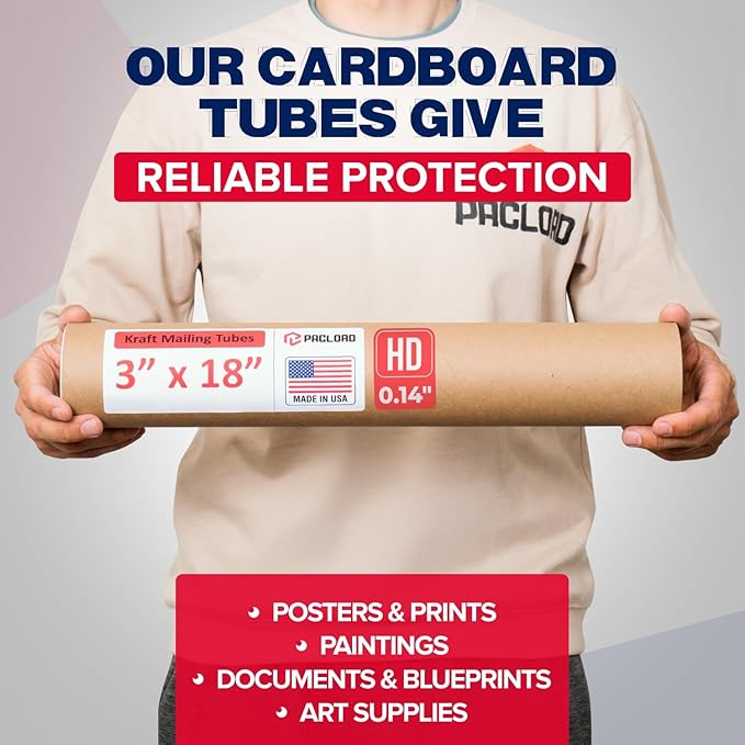 Paclord 3" x 18" Heavy-Duty Reinforced Cardboard Mailing Tube, Pack of 6 Tubes with 12 Caps – Secure USPS Approved – Great for Shipping and Storing of Prints, Artwork, Posters or Documents