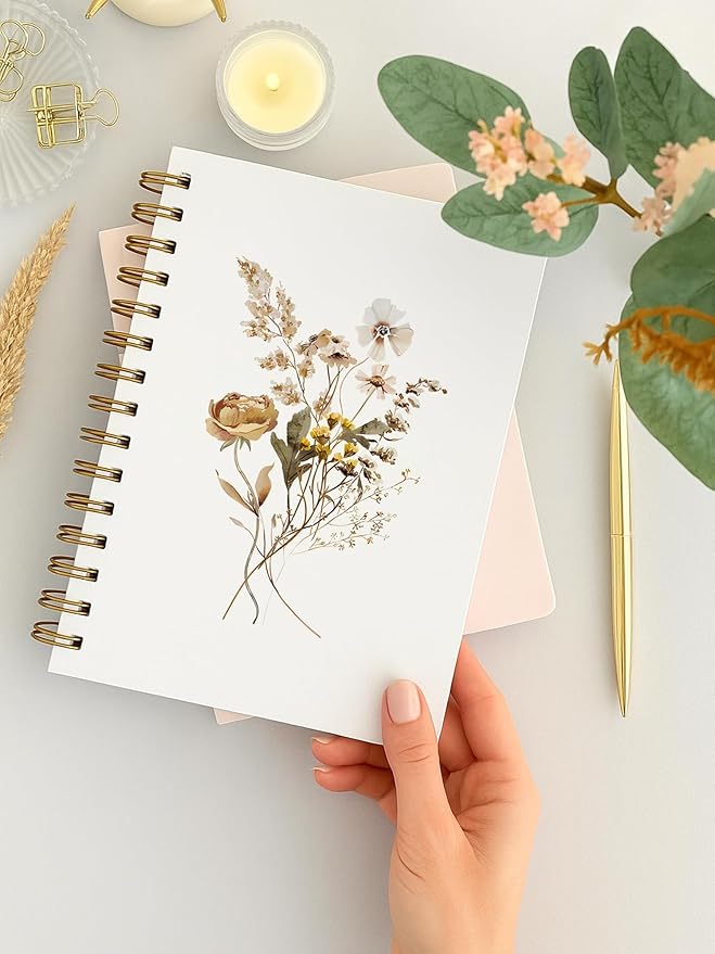 BitKan Vintage Boho Fall Floral Spiral Notebook, Cottagecore Wild Flower Journal, Pretty Journals for Women, Rustic Autumn Botanical Flower Notebook 5.5x8.3 Inch-367