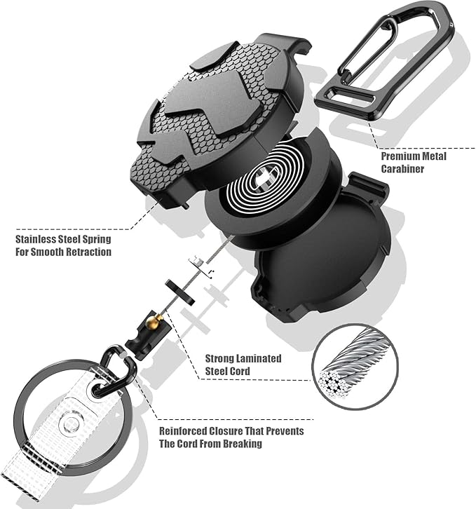 Retractable Keychain Badge Holder with Belt Clip,OR Heavy Duty Carabiner ID Badge Clip Reel, 31.5” Steel Retractable Cord, 10 oz Rebound，Black-1 Pack (with 1 Badge Holder)