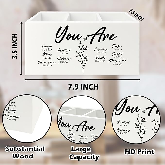 QZQE You Are Christian Pen Pencil Holder Organizer for Desk, Christian Gifts for Women, Floral Inspirational Bible Verse Wooden Box Signs Decorations for Home Office Desk Tabletop