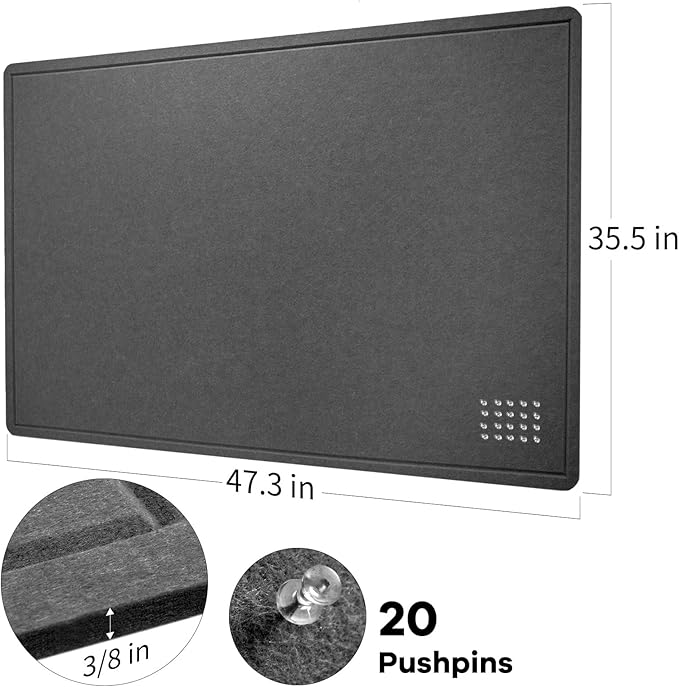 Lightomorrow Large Bulletin Board - 48 x 36 Inches, Decorative Felt Pin Board for Wall - 4' x 3' Foldable Photo Display Board with Self-Adhesive Tape, Includes 20 Push Pins - Dark Gray