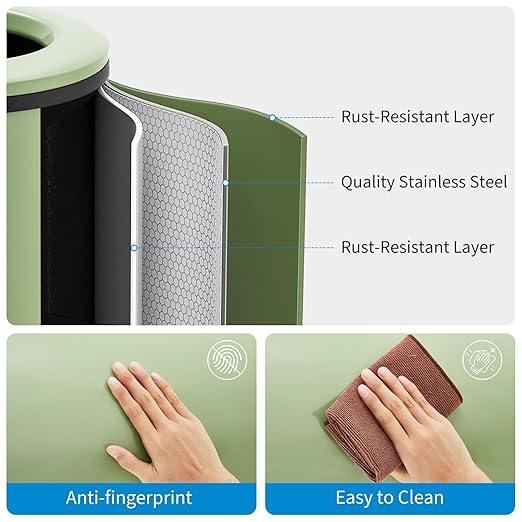 Takywep Stainless Steel Open Top Trash Can, 10.6 Gallon Cylindrical Touch-Free Direct Toss Bin with Soft-Close Lid, Anti-Fingerprint Easy-Clean for Kitchen Office Bathroom (Green)
