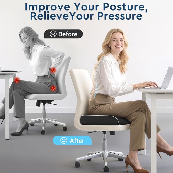 SofterCharm Seat Cushion, Memory Foam Office Chair Cushions for Long Sitting Hours, Chair Pad for Sciatica, Coccyx, Tailbone, Hip Pain & Pressure Relief, Office, Home, Car Seats, Airplane, Black/Large