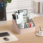 MEIBOOCH Remote Control Holder, PU Leather Small Desk Organizer with 4 Compartments, Nightstand Organizer Desk Caddy for Remote, Notepad, Phone, Glasses, and Accessories (Pink)