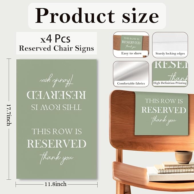 ChissNook Reserved Seating Chair Signs, This Row Is Reserved Pew Cloths Seating Placeholder for Church Pews, Sage Green Wedding Decorations for Reception Parties Event (Sage Green, 4 PCS)