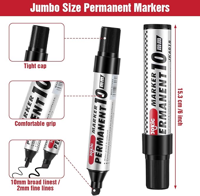 hidyuuoo 30 Pack Jumbo Size Permanent Markers Bulk Permanent Marker Set Chisel Tip Pens Waterproof for Industrial Use Work on Wood Metal Plastic Stone Glass