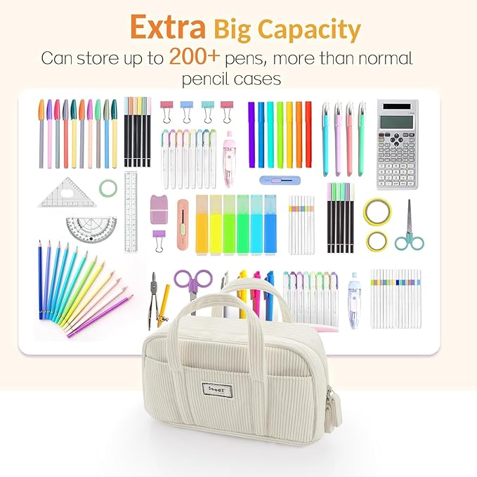 Sooez Large Pencil Case Pouch, Extra Big Pencil Bag with 5 Compartments, Pen Bag Wide Opening, Soft Corduroy Pencil Pouch Organizer with Zipper, Cute Aesthetic School Supplies for Girls-Light Blue
