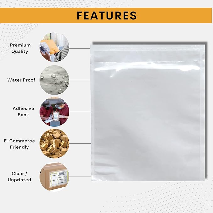 200 Pack 7"x10" Shipping Label Sleeves – Clear Self-Adhesive Packing Slip Pouches, Waterproof Packing List Envelopes – Ideal for Shipping Documents, Mailing Labels, Invoices & Packing Slips