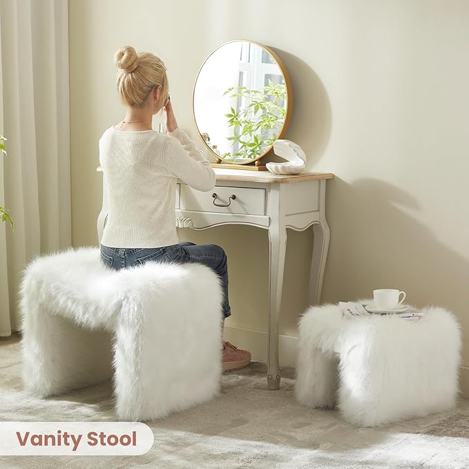 ZYKZYK Small Ottoman Set of 2 Vanity Stool Chair with Modern Ottoman Foot Rest M-Shaped Design for Bedroom Entryway Makeup Vanity Entryway (2-in-1) White