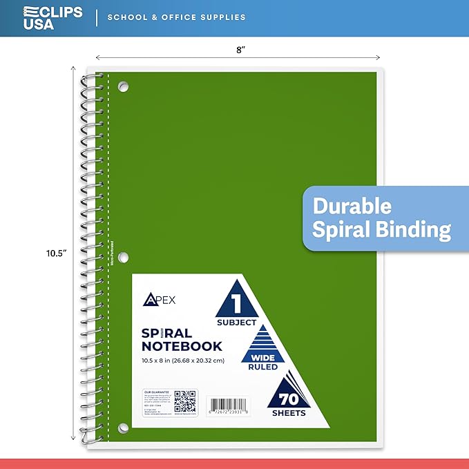 VEEBOOST Spiral Notebook, Ruled Notebooks, 70 Sheets, Single Subject, Notebooks Bulk, 6 Color Assortment, 3 Hole Perforated Sheets (24, Wide Ruled)