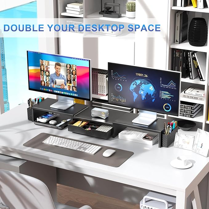 gianotter Dual Monitor Stand Riser, Desk Organizer With Drawer and 2 Pen Holders, Computer Monitor Stand, Shelf for Top of Desk, Black