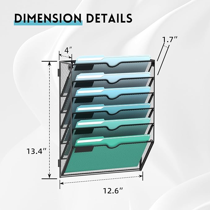 SUPEASY 6-Tier Wall File Organizer, Hanging Wall Files for Papers, Folders, Magazines, Wall Organizer for Clipboard, Assembly Needed, Black