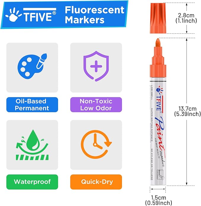 TFIVE Fluorescent Paint Markers, 8 Colors Neon UV Paint Pens for Blacklight - Oil-Based, Medium Tip, Waterproof Permanent Marker Pens for Rock Painting, DIY Art Crafts, Scrapbooking, Glass Windows