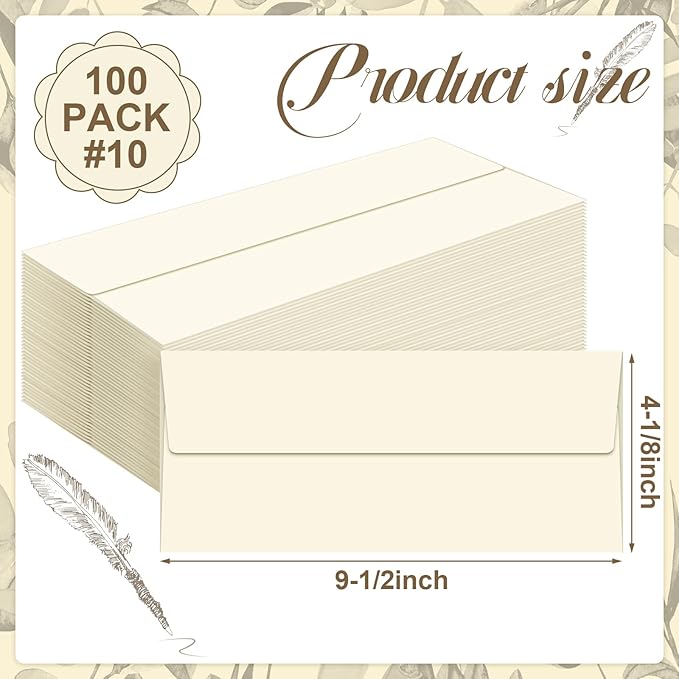 Marspark 100 Qty #10 Natural Business Envelopes 80 lb 4-1/8'' x 9-1/2'' Peel Press Letter Size Envelopes Professional Mailing Printable for Security Office Use Home Mail