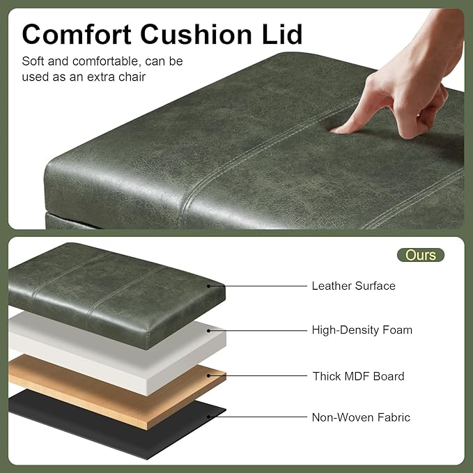 Joveco 32" Faux Suede Storage Ottoman Bench with Wheel, Rectangle Foot Rest Stool for Living Room, Bedroom, Entryway,Moss Green