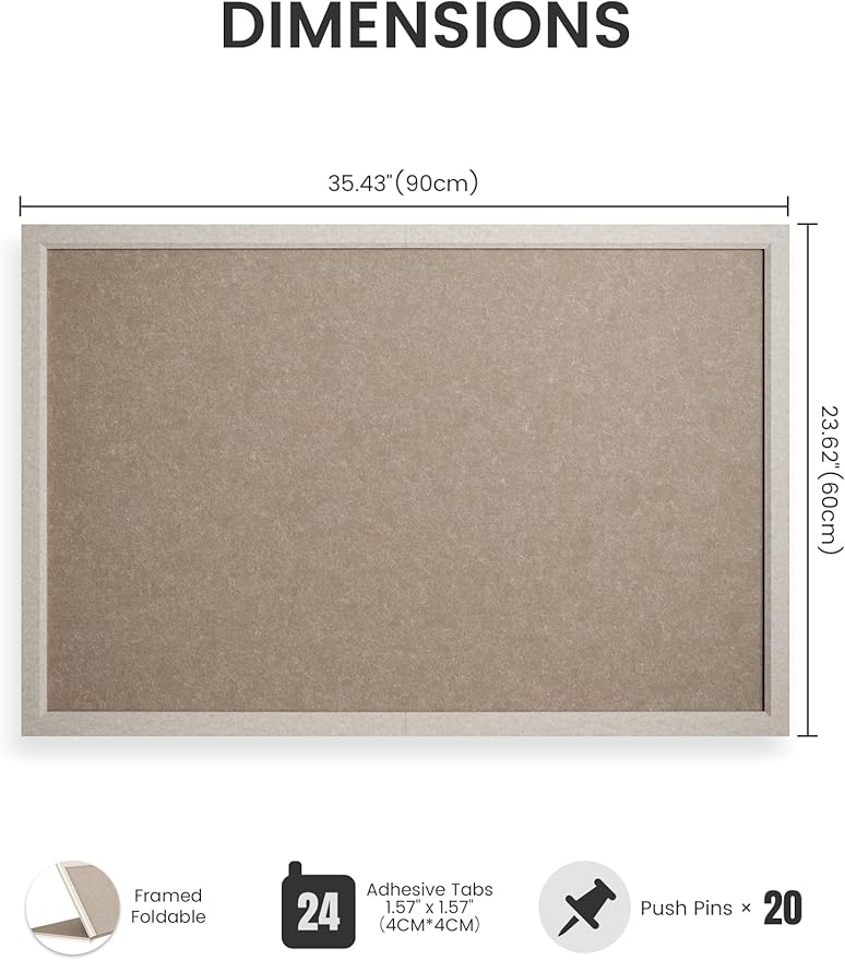 Fluxynara Foldable Cork Board Alternative, Felt Bulletin Board 36" x 24" Oatmeal Frame with 24 Adhesive Tabs, Pin Board for Home Office, Classroom, Entryway, Kitchen Wall Decor—Deep Camel