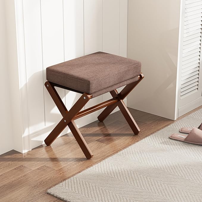 BAMBOOHOMIE Foldable Foot Stool Ottoman, Modern Foot Rest with Bamboo X Legs & Thick Foam Cushion, Folding Foot Stools Small Padded for Bedroom Living Room, Footstool for Chair Couch (Brown - Brown)