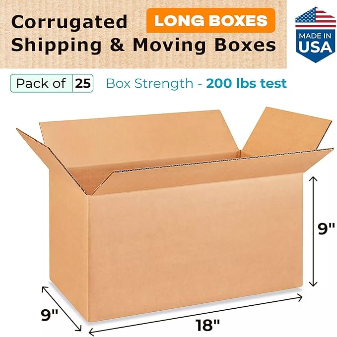 Long Moving & Shipping Boxes 18"L x 9"W x 9"H (25-Pack) - Extra Strength 200 lb vs Regular - Corrugated Packing Boxes for Moving - Durable Box for Shipping - Cardboard Box by IDL Packaging