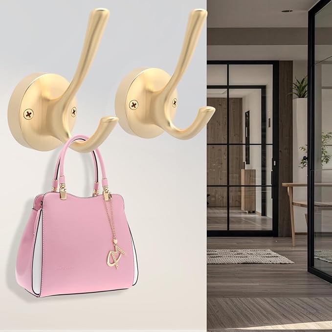 TOFIIGREM Gold Hat and Coat Hooks, 4 Pack Heavy Duty Coat Robe Hook, Metal Double Backpack Hook Wall Mounted, Towel Hooks for Bathroom Entryway Cubicle Closet Garage