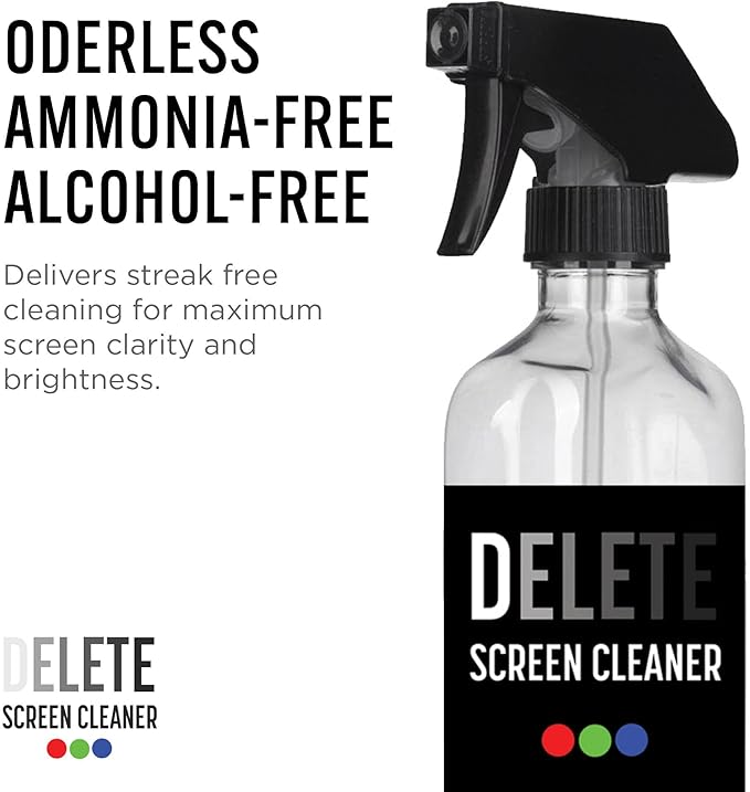 Delete Screen Cleaner 16oz Spray Bottle | Premium Streak-Free, Alcohol & Ammonia-Free Solution for All Devices | Gentle, Odorless & Easy to Use | Improves Visibility & Longevity of Screens