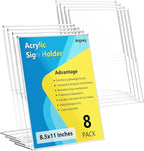 8 Pack Acrylic Sign Holder, Clear 8.5 x 11 Inch Slant Back Vertical Sign Holder, Tabletop Plastic Paper Picture Frame Flyer Document Display Stand for Home, Office, Restaurants, and Stores