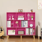 LEYAOYAO 10 Cube Bookshelf,3 Tier Modern Wide Bookcase with Legs,Mid-Century Wood Bookshelves Storage，Pink Large Book Case,Freestanding Organizer Display Shelf for Bedroom,Living Room,Office
