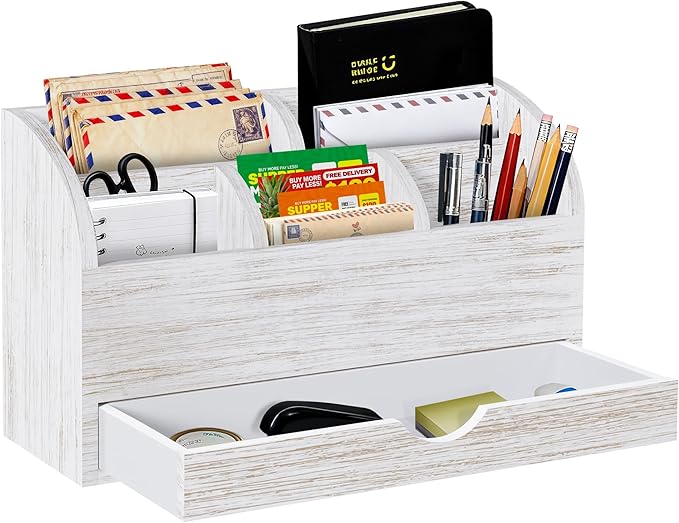 SeekElegant Wood Mail Organizer with Drawer & Pen Holder, White Mail Holder with 5 Detachable Compartments, Desk Organizer for Bill Envelope Storage, for Office Entryway Kitchen Countertop