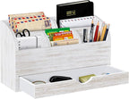 SeekElegant Wood Mail Organizer with Drawer & Pen Holder, White Mail Holder with 5 Detachable Compartments, Desk Organizer for Bill Envelope Storage, for Office Entryway Kitchen Countertop