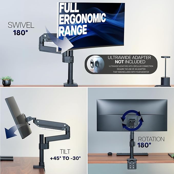VIVO Premium Aluminum Tall Extended Monitor Arm for Ultrawide Monitors up to 49 inches and 33 lbs, USB Single Desk Mount Stand, Pneumatic Height Adjust, Max VESA 100x100, Black, STAND-V101GTU
