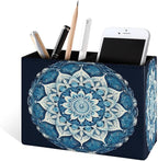 Famame Round Blue Mandala Pencil Holder for Desk, Leather Desktop Container Pen Cup Storage Study Table Pen Organizer Makeup Brush Holder for Classroom Office Home