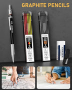STAGEEK 14 Pack Carpenter Pencil Set with Sharpener, Mechanical Carpenter Pencils with 60 Refills, Deep Hole Long-Nib Marker Pens, Carbide Scribe Tool & Construction Pencils for Architect with Case