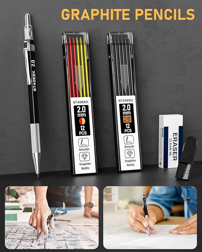 STAGEEK 14 Pack Carpenter Pencil Set with Sharpener, Mechanical Carpenter Pencils with 60 Refills, Deep Hole Long-Nib Marker Pens, Carbide Scribe Tool & Construction Pencils for Architect with Case