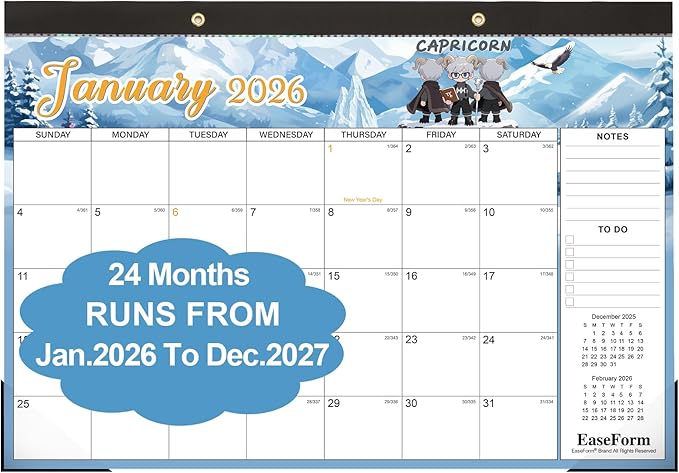 EaseForm 24 Month Desk Calendar 2026-2027, Runs from January 2026 to December 2027, Large 17"x12" Desktop/Wall Monthly Calendar, 2 Year Academic Calendar with Note & To Do for Home, School or office