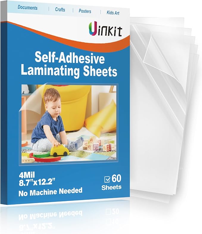 Uinkit 4mil Thicker Single-Sided Self-Adhesive Laminating Sheets, 60Pack (More Value) Letter Size 8.5x11"- Peel & Stick for Teachers, Office & Home Crafting - No Heat Machine Needed