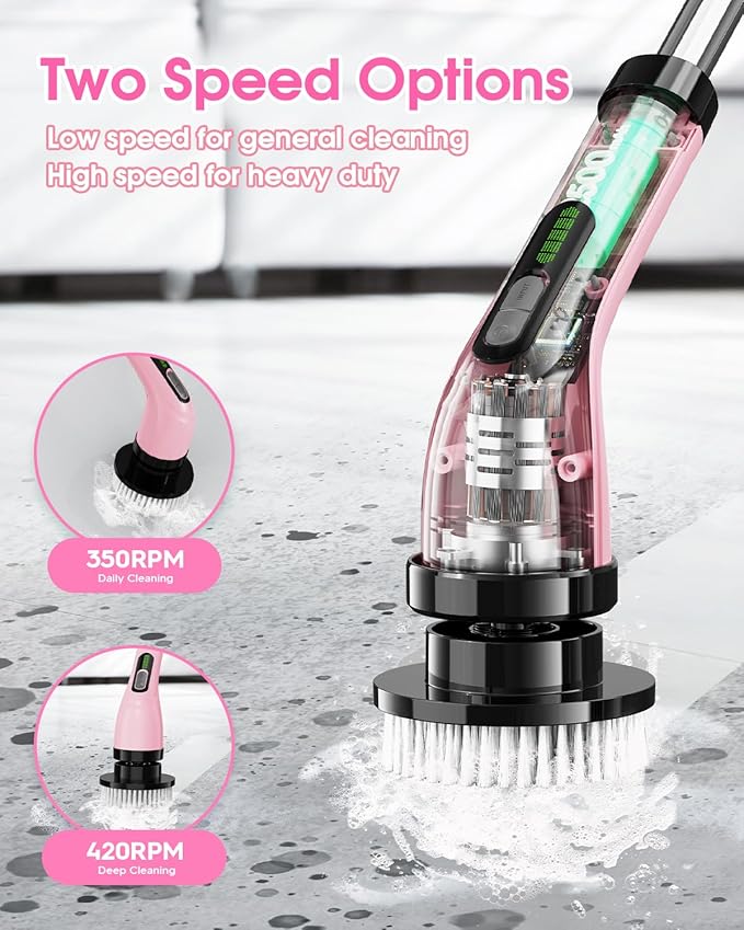 Highyes Electric Spin Scrubber for Cleaning Bathroom: Cordless Power Shower Scrubber - Electric Cleaning Brush for Tile Tub - Pink