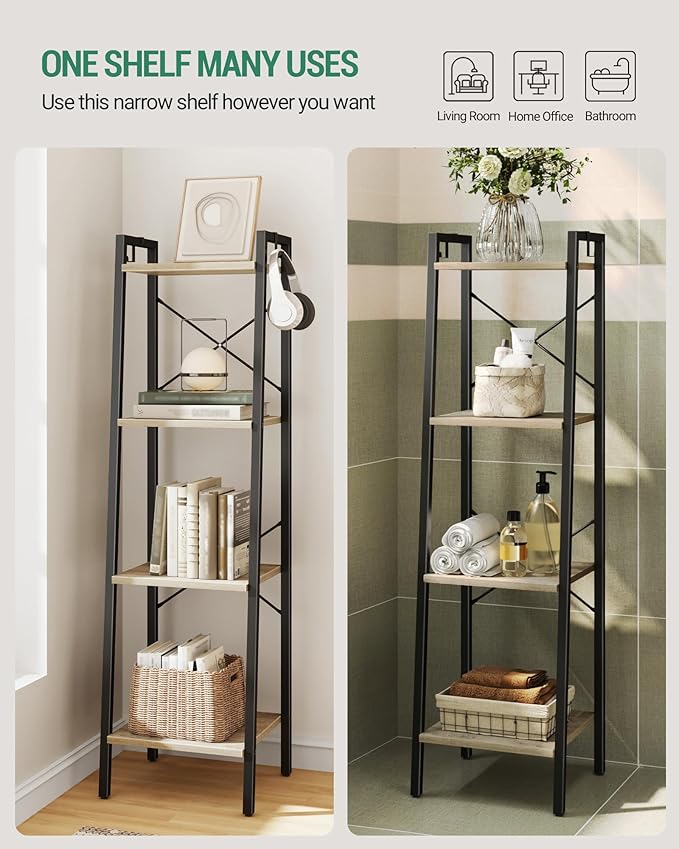 Hzuaneri Ladder Shelf, Bookshelf Bookcase, Freestanding Corner Storage Shelve with 2 Hooks for Home Office, Living Room, Kitchen, Bedroom, Industrial, 11.8" D x 13.4" W x 47.2" H, Greige BC13205B