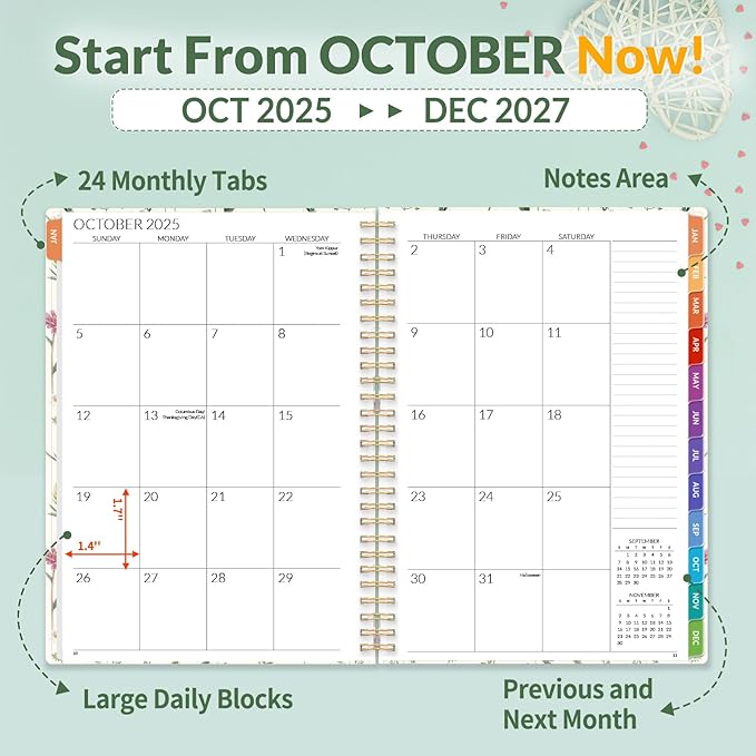 SUNEE 2026-2027 Planner - 24 Months (Jan 2026 - Dec 2027) - 7"x10" Monthly Spreads & Yearly Planner, Green Wildflowers