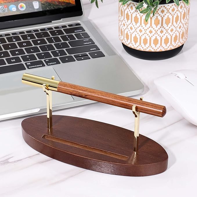 Htoxsdc Pen Holder Desk Organizers and Accessories Desk Decor ，Exquisite Wooden Pen Holder ，with a Cool Pen and Two Refills for Office and Home (Style B)