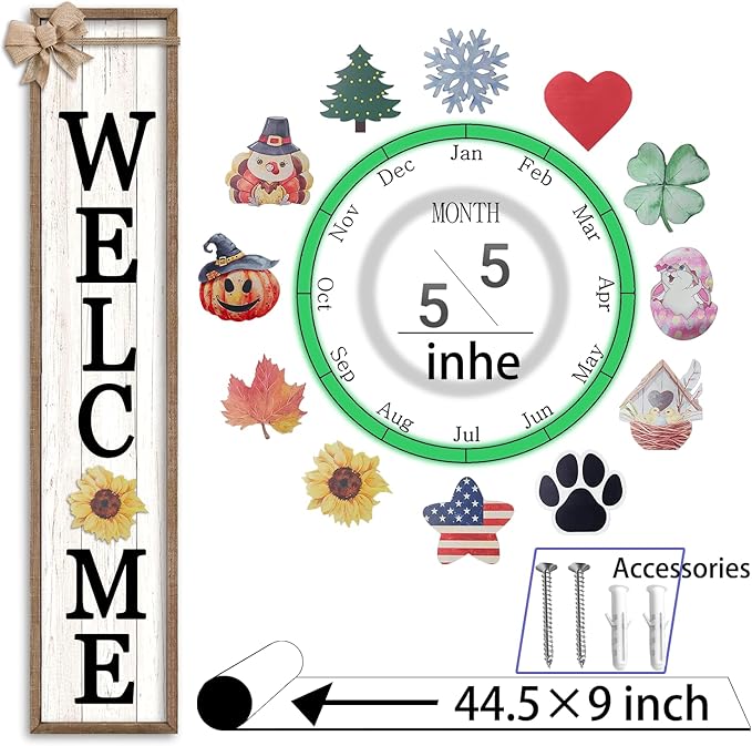 LuZhiQiang Front Porch Welcome Sign for Interchangeable Standing 45"X9" With 12 Pcs Replaceable Icons Wood Frame Signs Outdoor Front Door Decor (Wood White)