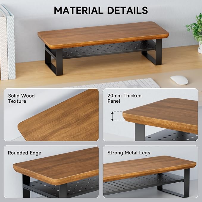 NestNeat Monitor Stand Riser, 24 Inch Computer Monitor Stand for Desk, 2-Tier Wood Desk Shelf Organizer with Storage, Desktop Stand for Laptop/Screen/PC/Printer, Ergonomic Home Office Monitor Stand
