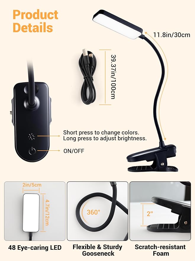 ReinHoo Clip on Light,9 Brightness+5 Color Rechargeable Desk Lamp,4000mAh Battery Operated Lights,450 Lumen 48 LED Desk Lamp with Clamp Light,Cordless Reading Lamps for Bed/Headboard/Bedside Table
