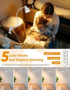 BOHON Clamp Lamp Reading Light 5 Color Modes 10 Brightness Dimmer Bedside Lamp 10W 38 LED Desk Lamp with Auto Off Timer 360° Flexible Gooseneck Clip on Light for Bed Office, Adapter Include, White