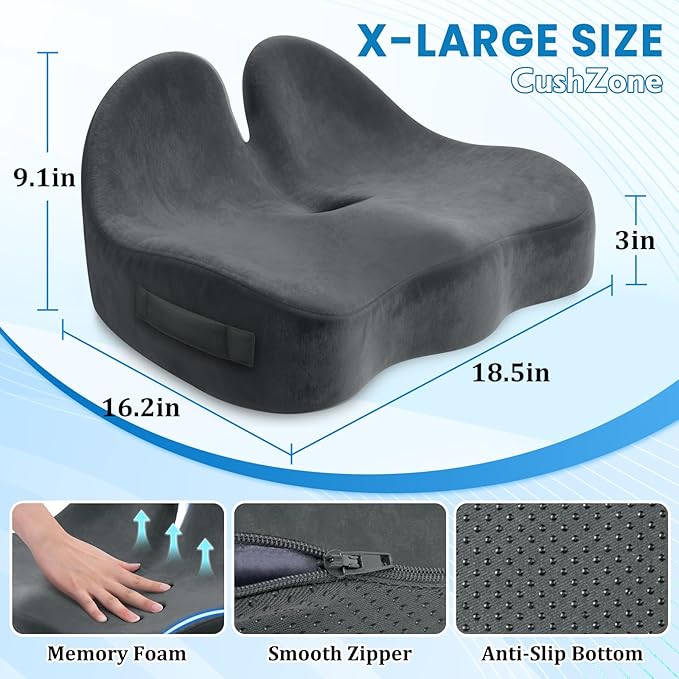 CushZone Seat Cushion, Memory Foam Office Chair Seat Cushion for Office Chairs/Car/Long Trip/Desk Chair/Gaming, X-Large Size for Sciatica & Hip & Tailbone Pain Relief, Sciatica Support (Gray)