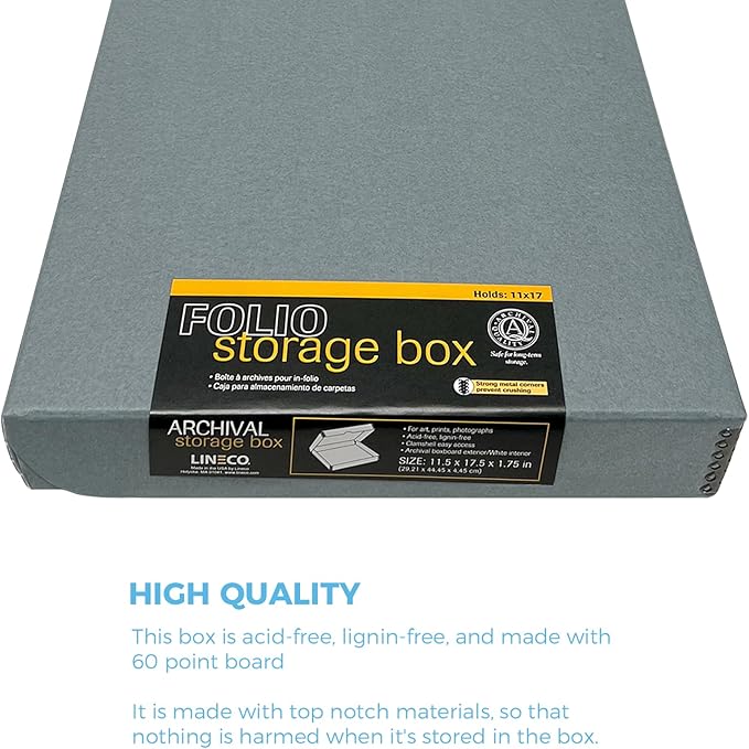 Lineco Folio Storage Box, Clamshell Design with Metal Edge. 11.5x17.5x1.75 Inches, Archival Boxboard, Preserve Photos, Cards, Magazines, Documents, Art, Ephemera, Family Records, Gray, Pack of 2