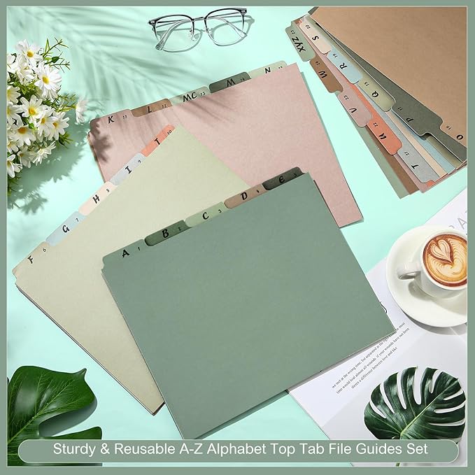 Noveread 1 Set 25 Alphabet File Dividers A-Z Top Tab Letter Size 1/5 Cut Tab Positions Alphabetical Number File Folder Organizer Guides Cabinet and Desk Dividers for School Office Home(Morandi)