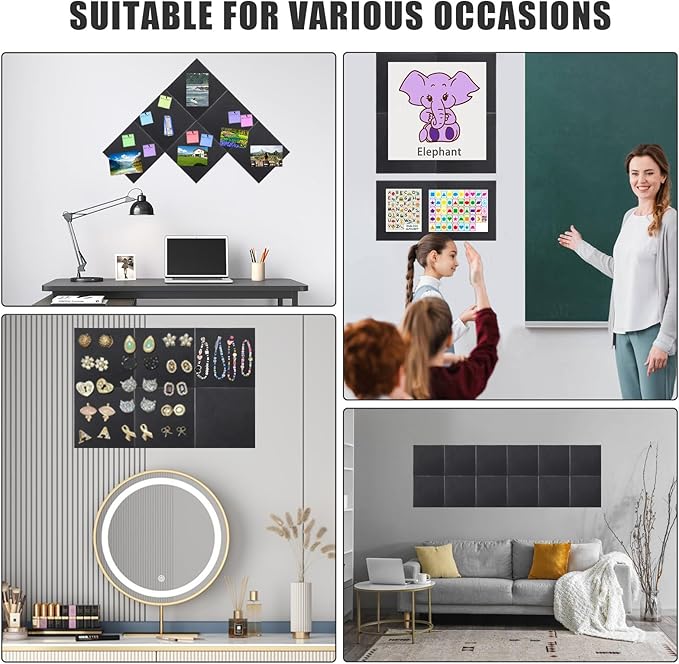 Large Cork Board Alternative 48" X 36" Black Bulletin Board - 12 Pack Removable Felt Wall Tiles with 30 pushpins, Large Cork Boards for Walls Cork Board for Office Pin Board Tack Board